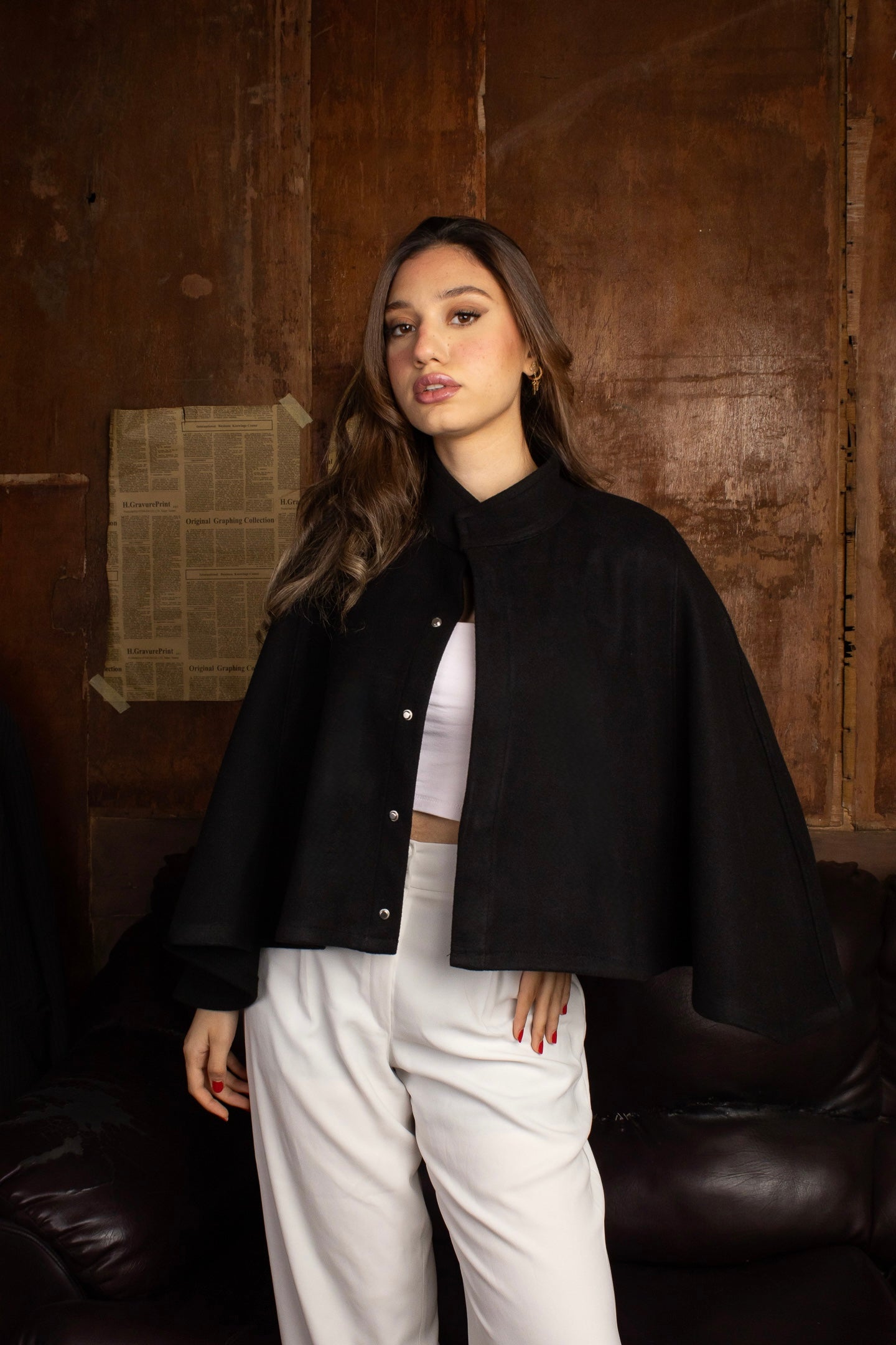 Stand Collar Button Front Cape Jacket