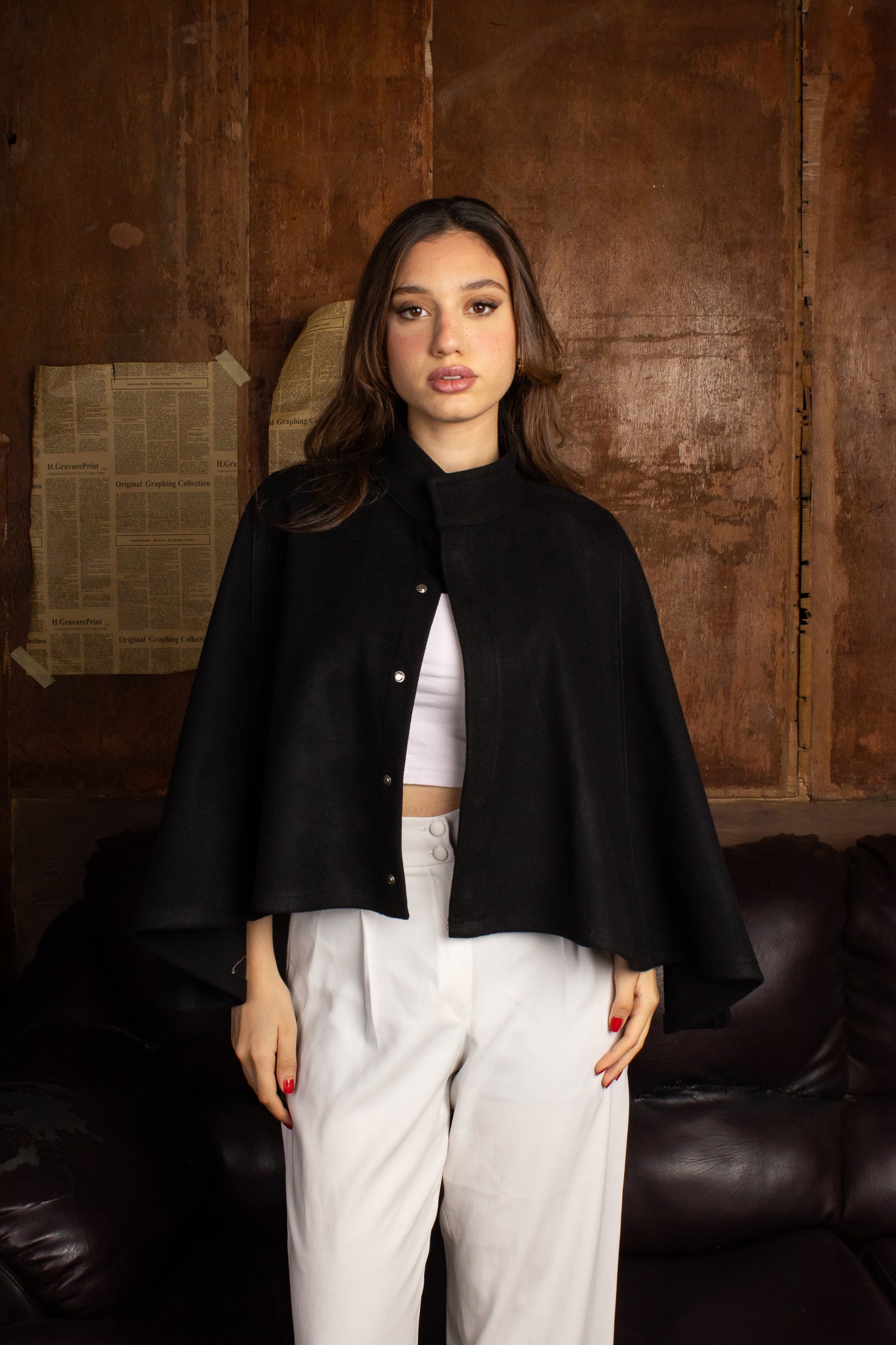 Stand Collar Button Front Cape Jacket